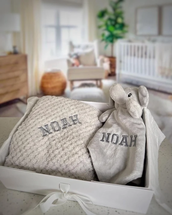 Personalized Baby Blanket Gift Set, Grey Elephant, Grey ...